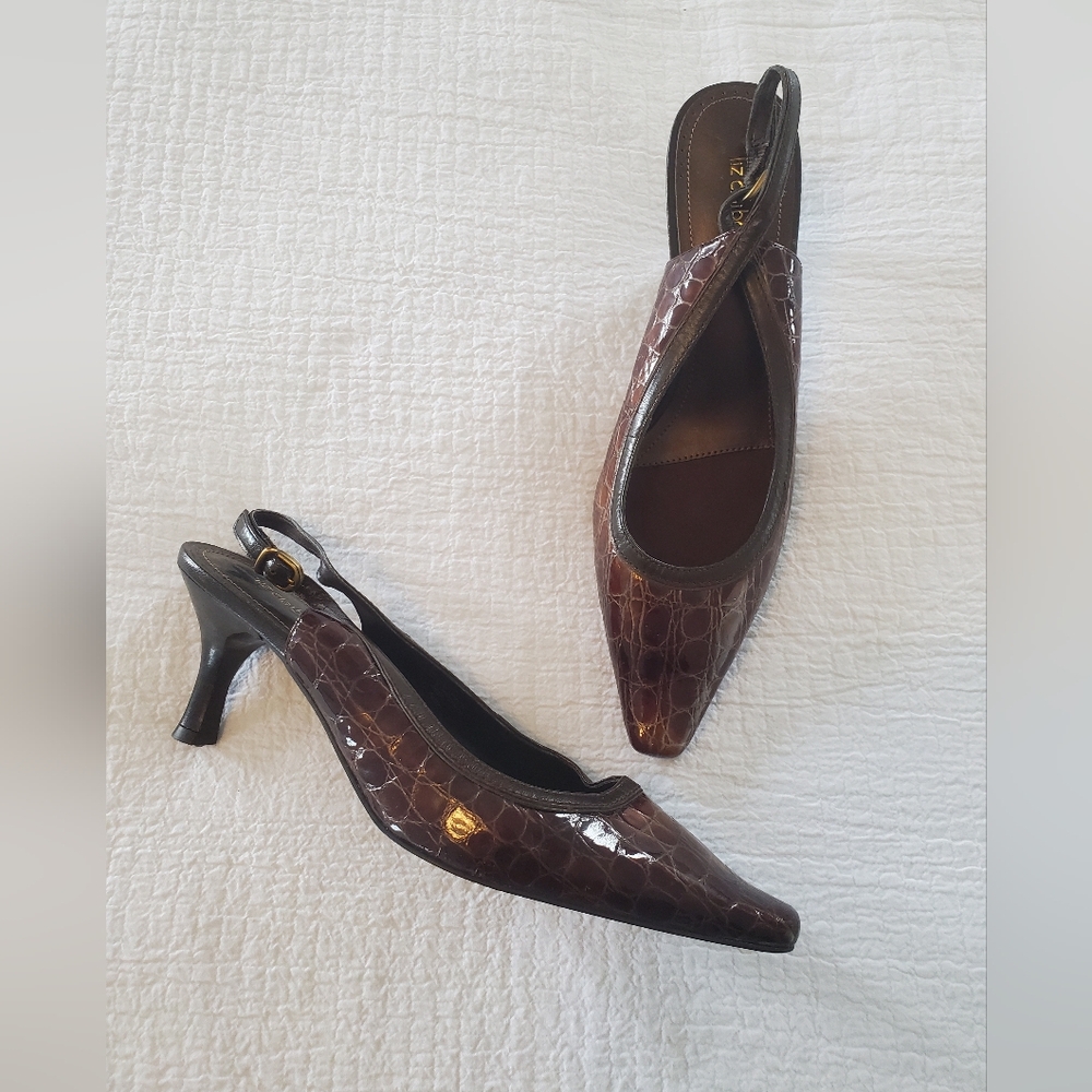 Liz Claiborne Dark Chocolate Brown Leather Croc-Embossed Slingback Heels CBK
